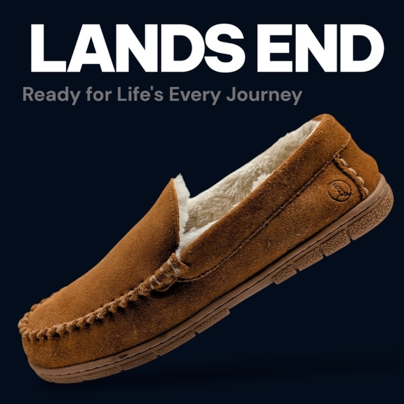 Lands' End Suede Moccasin Slippers Men Sz 8 Chestnut Brown Shearling Lining - Picture 1 of 10